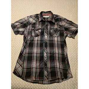 BKE Button Up Shirt Mens Large Black Plaid Excellent Short Sleeve Athletic Fit